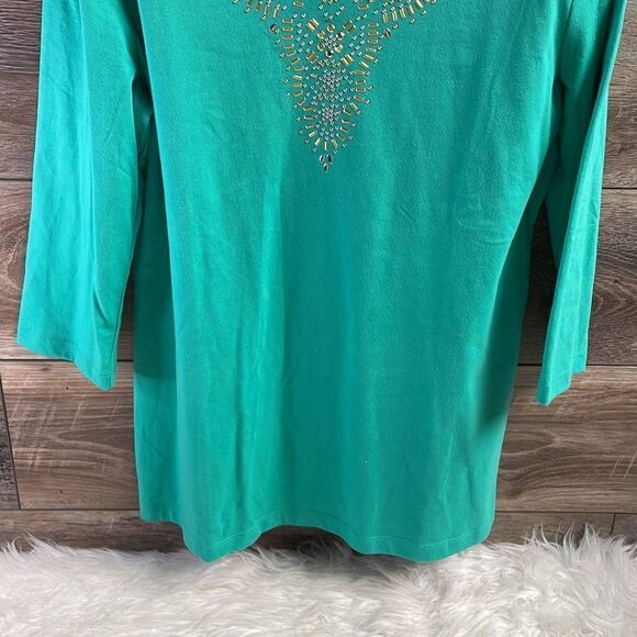 Coral Bay Embellished Blouse Top Vneck, Green , Size Small - Picture 4 of 6